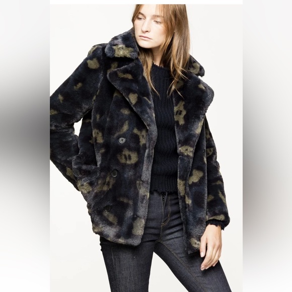 Zadig & Voltaire Miles Leo Green Leopard Faux Fur Coat - Picture 1 of 5